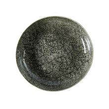 Load image into Gallery viewer, Wonki Ware unique ceramic pie dish with black lace pattern and glaze, handmade in South Africa, available at Amara Home.
