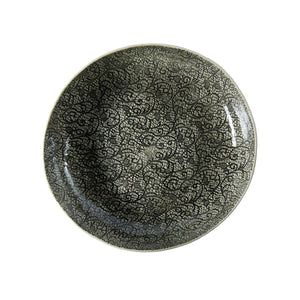 Wonki Ware unique ceramic pie dish with black lace pattern and glaze, handmade in South Africa, available at Amara Home.