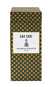 Astier de Villatte Eau Chic 150ml perfume fragrance in luxurious green box decorated with gold clover motifs, available at Amara Home.