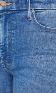 Close up of Mother Denim jeans, The Roller Fray, in colour Work Hard Play Hard, available at Amara Home.